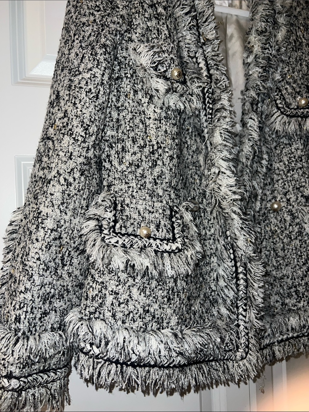 Black & White Bouclé Fringe Tweed Blazer - Picture 5 of 9